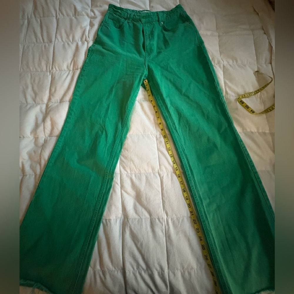 Zara Woman’s Wide Leg Raw Hem Green Jeans